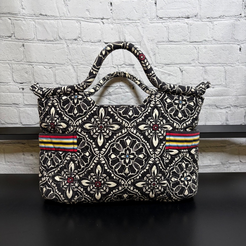 Vera Bradley Black White Medallion Quilted Cotton Tote Bag Shoulder Purse